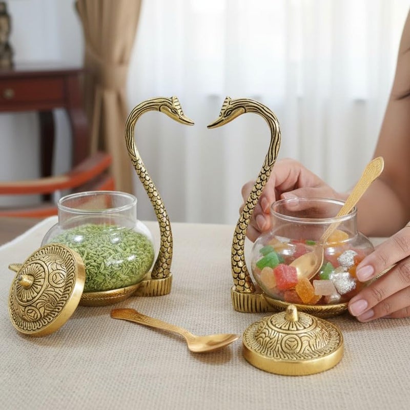 KridayKraft Metal Kissing Duck Transparent Glass Bowl With Spoon Set Of 2 Pcs For Saunf Supari Tray,Dry Fruit And Candy For Home & Offce Table Decoration Animal Showpiece Serving Bowl Set..., 500 Ml - Image 1