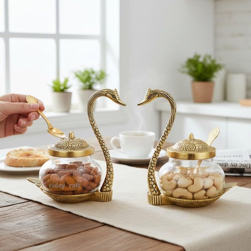 KridayKraft Metal Kissing Duck Transparent Glass Bowl With Spoon Set Of 2 Pcs For Saunf Supari Tray,Dry Fruit And Candy For Home & Offce Table Decoration Animal Showpiece Serving Bowl Set..., 500 Ml - Image 3