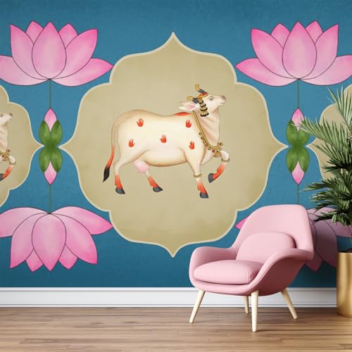 PAPER PLANE DESIGN Cow and Lotus Ethnic Spiritual Wall Mural Wallpaper. Full Wall Coverage. (Ds-05) (6 X 8 FEET, Vinyl-SELF Adhesive) - Image 4