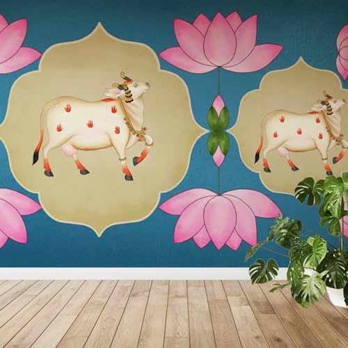 PAPER PLANE DESIGN Cow and Lotus Ethnic Spiritual Wall Mural Wallpaper. Full Wall Coverage. (Ds-05) (6 X 8 FEET, Vinyl-SELF Adhesive) - Image 1