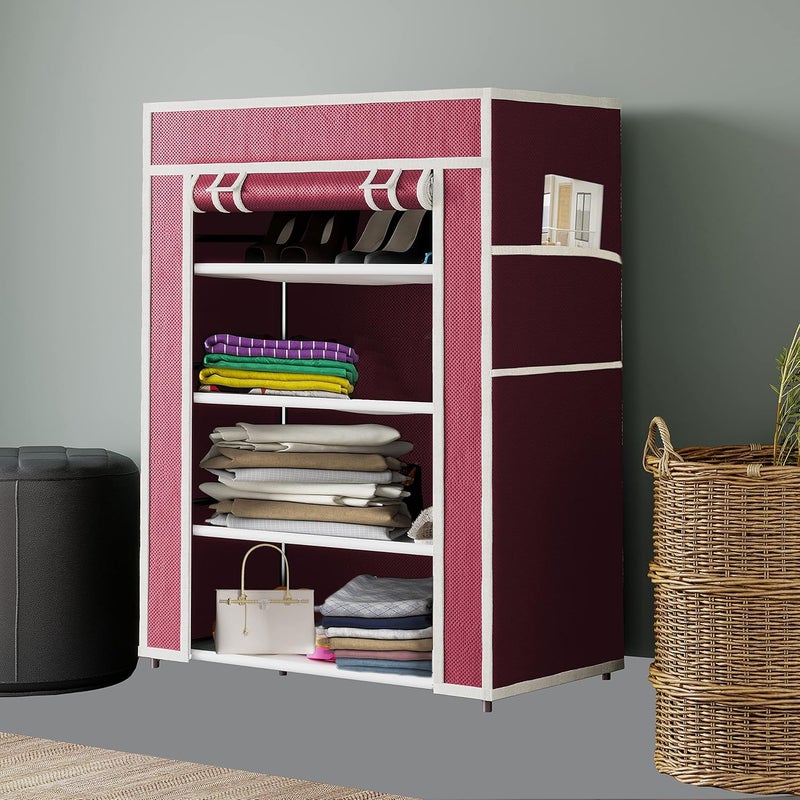 Whitecloud TRANSFORMING HOMES Whitecloud TRANSFORMING HOMES Collapsible Portable Foldable Wardrobe Storage Shelves Organizer for Clothes Racks Fabric Almirah Non Rustable Iron Storage Unit 4 Layer Maroon  - Image 1