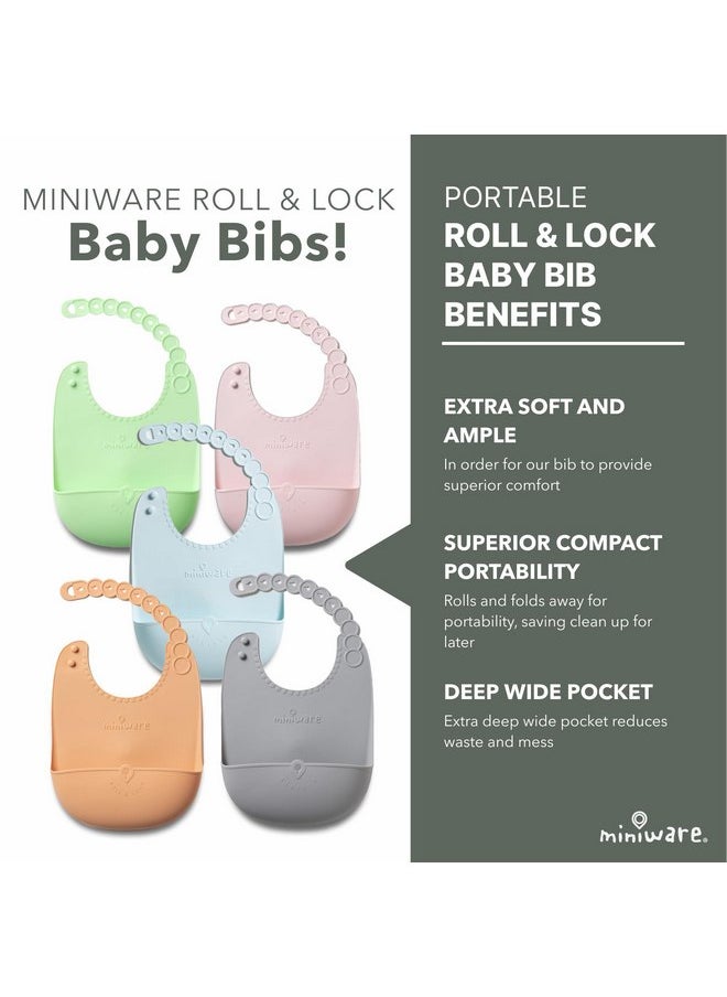 Miniware Miniware Roll & Lock Waterproof Silicone Baby Bib Easy Mealtime Cleanup - Adjustable Neck Strap and Food Catcher Pocket - Food-Grade Material Reduces Mess, Travel-Friendly Design (Aqua)  - Image 2