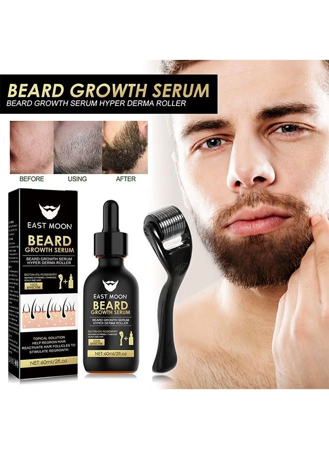 East Moon Beard Growth Serum Hyper Derma Roller, Men Rosemary Oil Moustache Growth Enhancer ​Anti Hair Loss Care Serum With Beard Rolle 60ML - Image 1