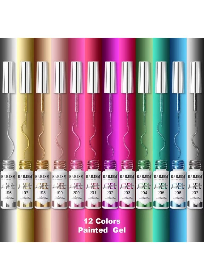 RARJSM - Metallic Nail Art Gel Liner Black Silver Rose Gold Blue Green Red Glitter Painted Gel Nail Polish Set Soak Off 12 Colors 5Ml Uv Led Curing Require For Diy At Home Nail Salon Manicure Design - Image 1