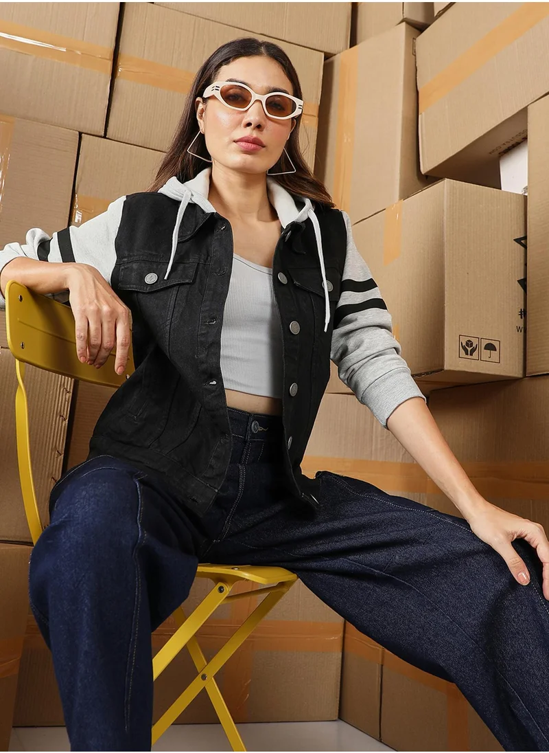 كامبوس سوترا Women's Midnight Black & Cloud Grey Dark-Wash Block Denim Jacket