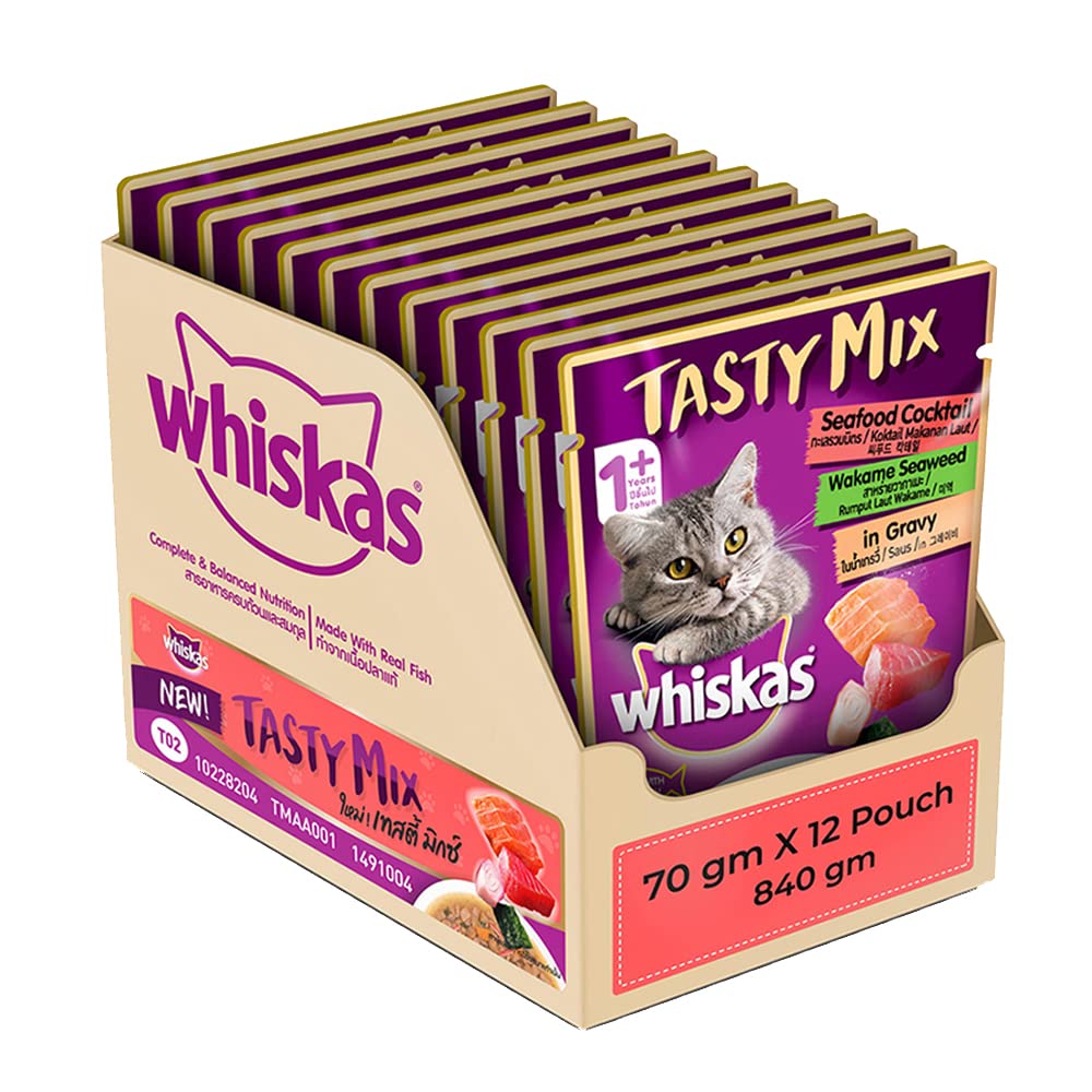 Whiskas Tasty Mix, Adult (1+ Years) Wet Cat Food with Real Fish, Seafood Cocktail Wakame Seaweed in Gravy Flavour, 12 x 70 g Pouches