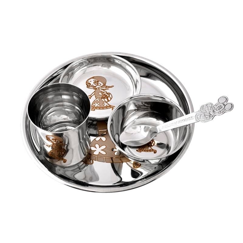 Piepot Laser Print Stainless Steel Round Lunch Dinner Set for Kids Pack of 51 Plate 1 Curry Bowl 1 Dessert Plate 1 Glass 1 Spoon 8 Plate for Girls - Image 1