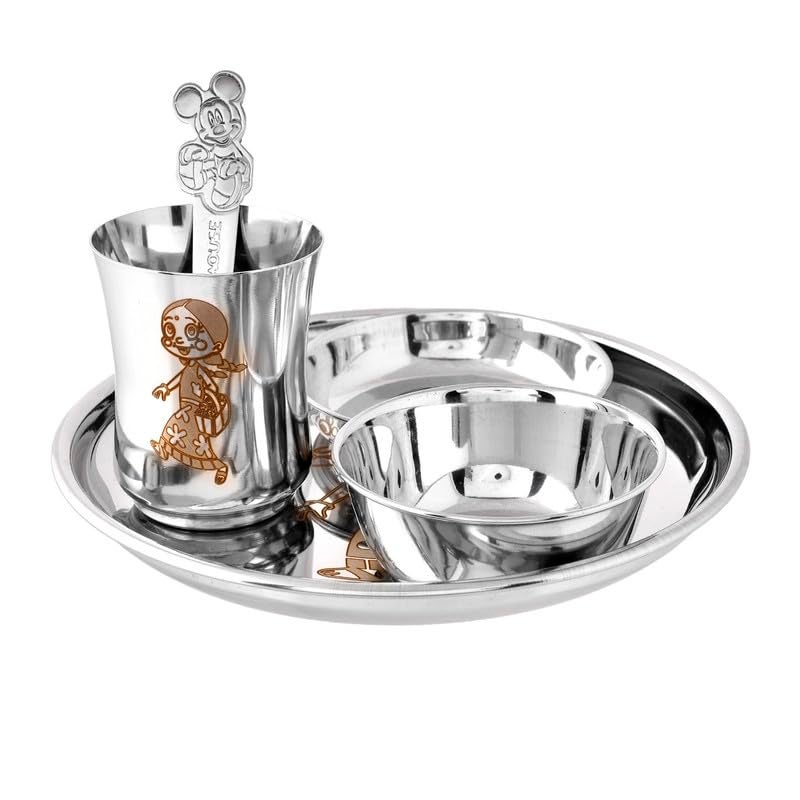 Piepot Laser Print Stainless Steel Round Lunch Dinner Set for Kids Pack of 51 Plate 1 Curry Bowl 1 Dessert Plate 1 Glass 1 Spoon 8 Plate for Girls - Image 2