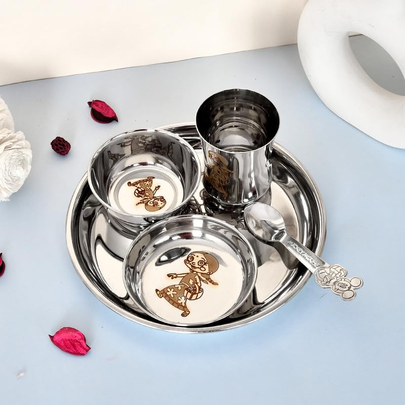 Piepot Laser Print Stainless Steel Round Lunch Dinner Set for Kids Pack of 51 Plate 1 Curry Bowl 1 Dessert Plate 1 Glass 1 Spoon 8 Plate for Girls - Image 5