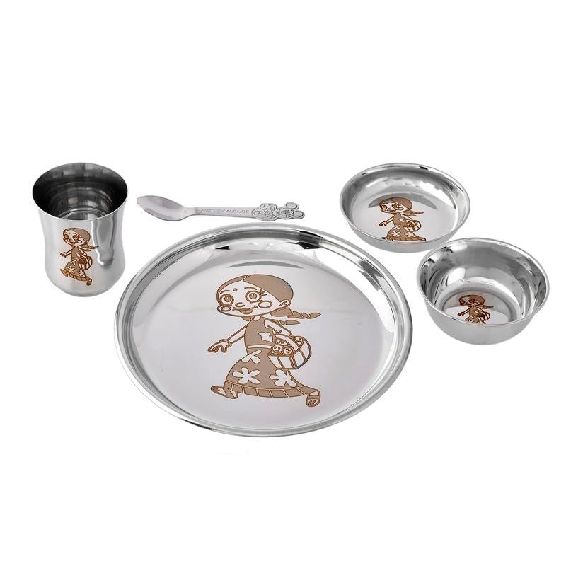 Piepot Laser Print Stainless Steel Round Lunch Dinner Set for Kids Pack of 51 Plate 1 Curry Bowl 1 Dessert Plate 1 Glass 1 Spoon 8 Plate for Girls - Image 3