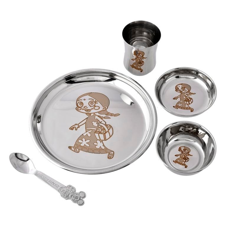 Piepot Laser Print Stainless Steel Round Lunch Dinner Set for Kids Pack of 51 Plate 1 Curry Bowl 1 Dessert Plate 1 Glass 1 Spoon 8 Plate for Girls - Image 4
