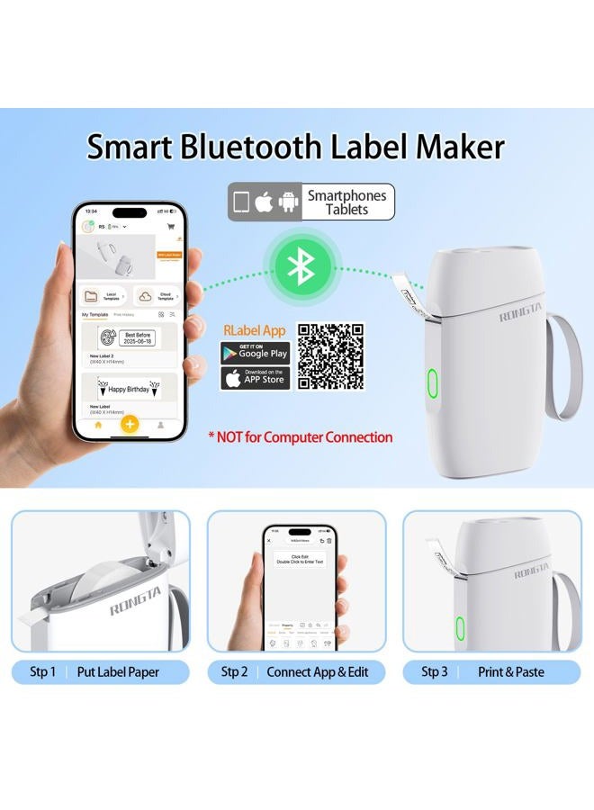 rongta Label Maker Machine with Tape, Portable Bluetooth Mini Label Printer Wireless Thermal Handheld Sticker Makers Mini Label Makers with Multiple Templates for Organizing Office Home School(White) - Image 3