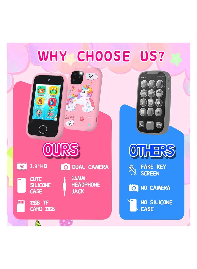 Lumins Kids Smart Phone Toys for Girls Ages 3-8 Toddler Play Travel Toys with Dual Camera Educational Learning Games Puzzles MP3 Music Player Birthday Gifts for Kids Girls 3 4 5 6 7 8 Year Old with 32GB Card - Image 3