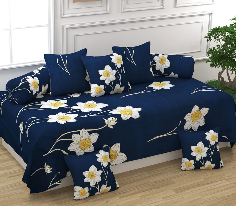 KETOSTICS 300 TC 100% Pure Cotton Diwan Set Covers 8 Pieces Pure Cotton Designer Printed Standard Diwan Set (1 Single Bedsheet, 2 Bolster Covers, 5 Cushion Covers) (DS- AS 10) - Image 1
