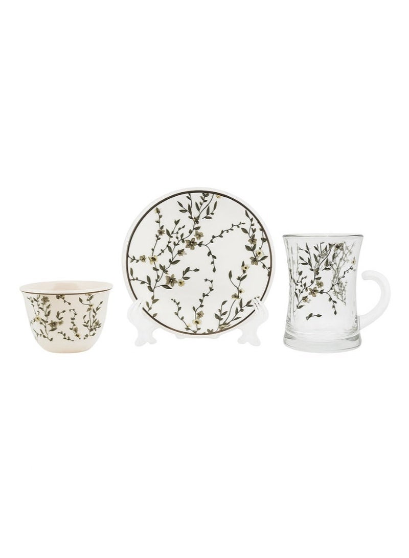 AL-GANNAS Luxury 36 Piece Tea and Arabic Coffee Set with Floral Print | Clear Crystal Glasses & Ceramic Cups and Saucers - Image 2