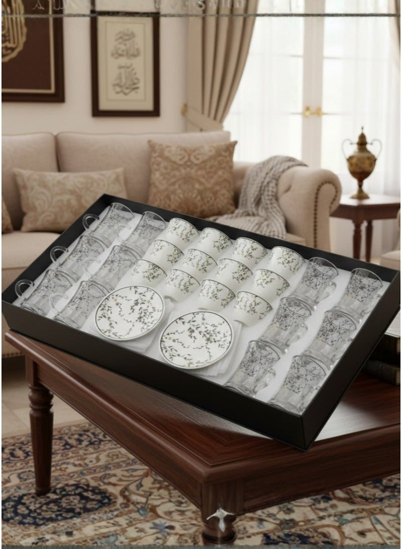 AL-GANNAS Luxury 36 Piece Tea and Arabic Coffee Set with Floral Print | Clear Crystal Glasses & Ceramic Cups and Saucers - Image 3
