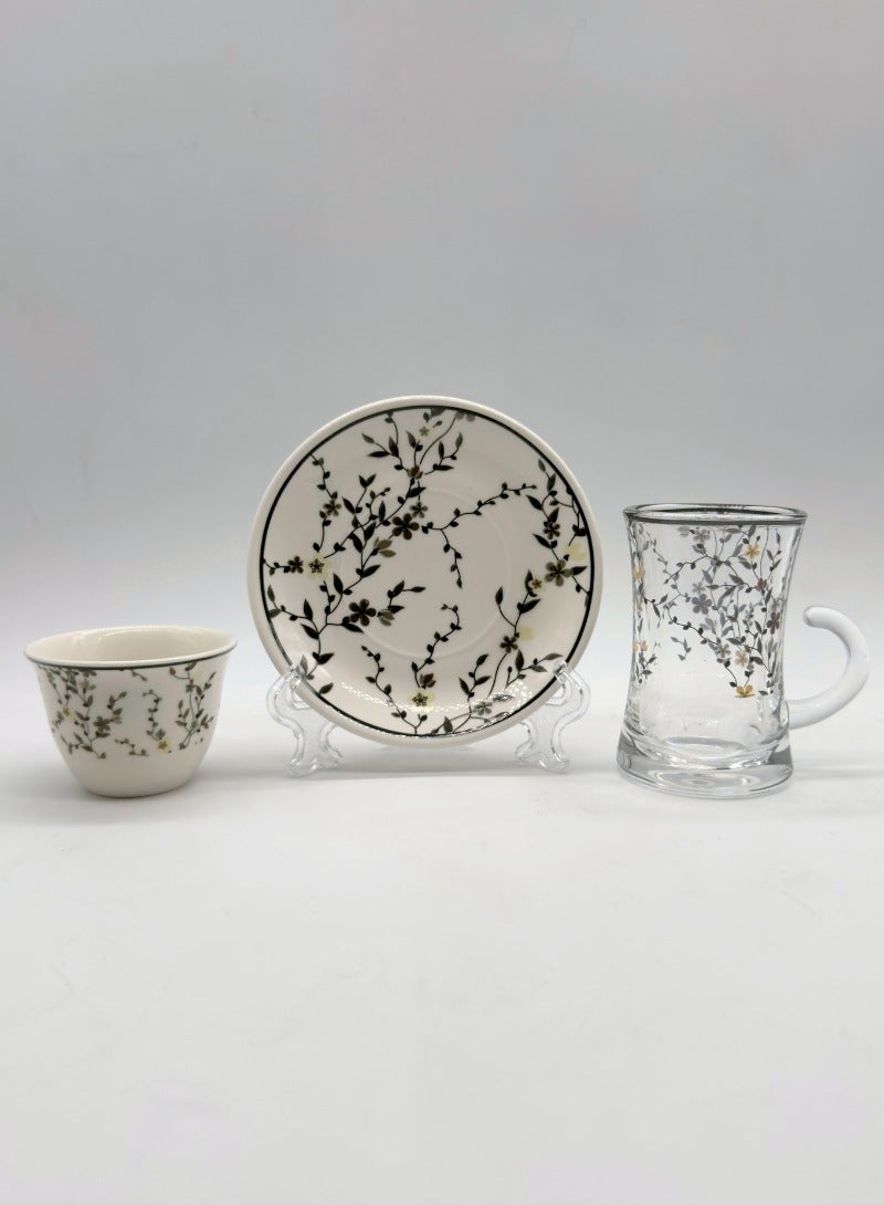 AL-GANNAS Luxury 36 Piece Tea and Arabic Coffee Set with Floral Print | Clear Crystal Glasses & Ceramic Cups and Saucers - Image 5