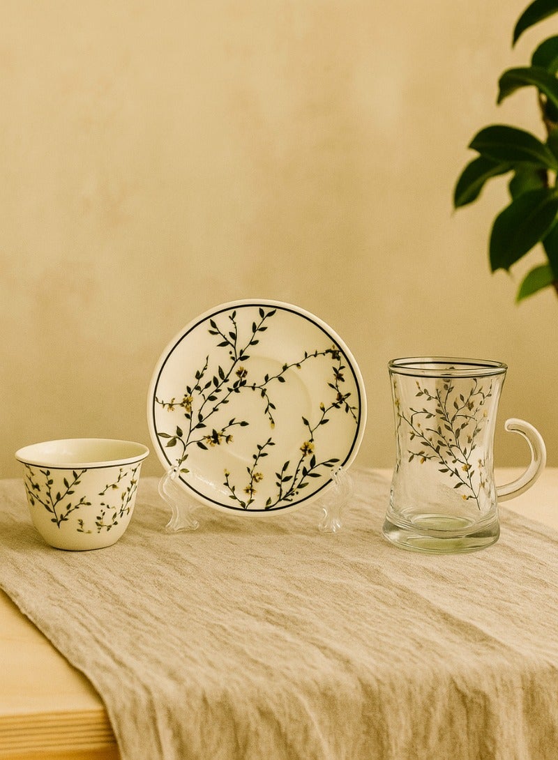 AL-GANNAS Luxury 36 Piece Tea and Arabic Coffee Set with Floral Print | Clear Crystal Glasses & Ceramic Cups and Saucers - Image 4