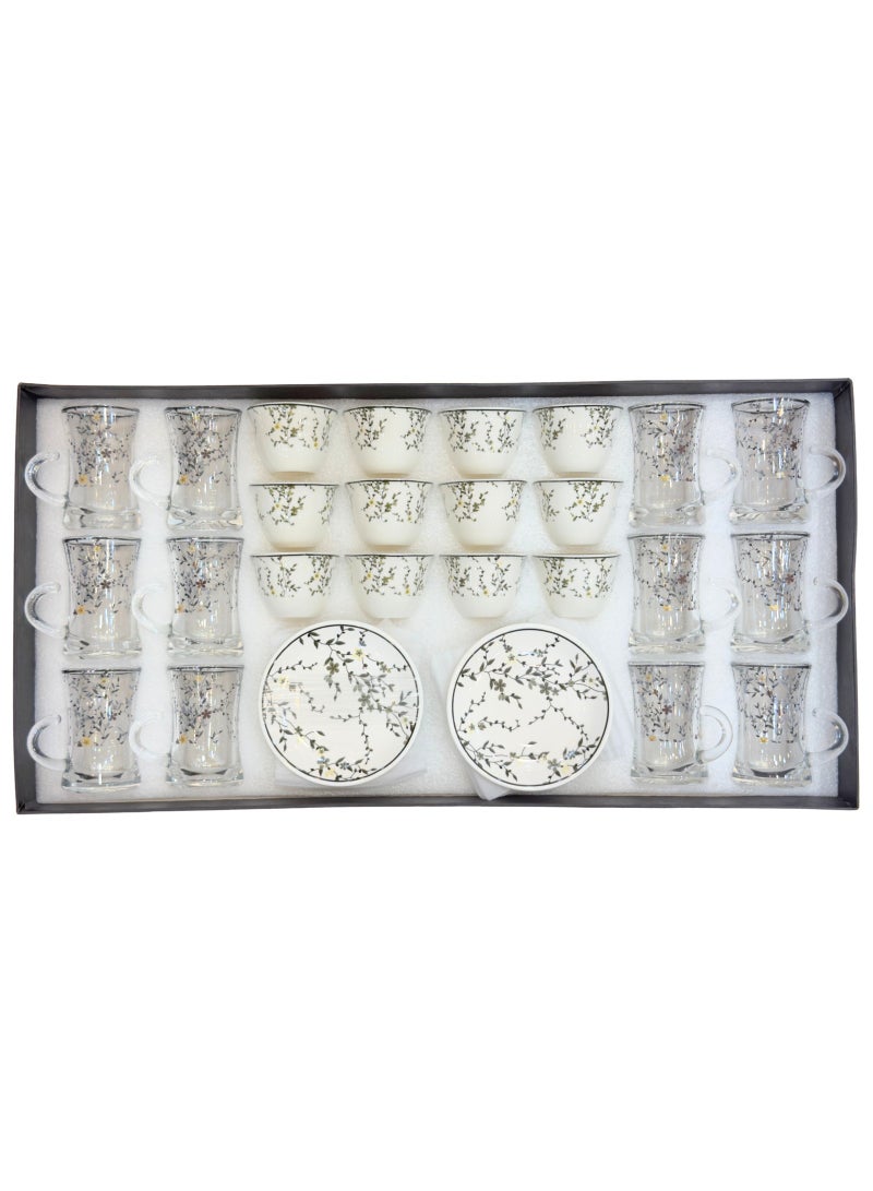 AL-GANNAS Luxury 36 Piece Tea and Arabic Coffee Set with Floral Print | Clear Crystal Glasses & Ceramic Cups and Saucers - Image 1