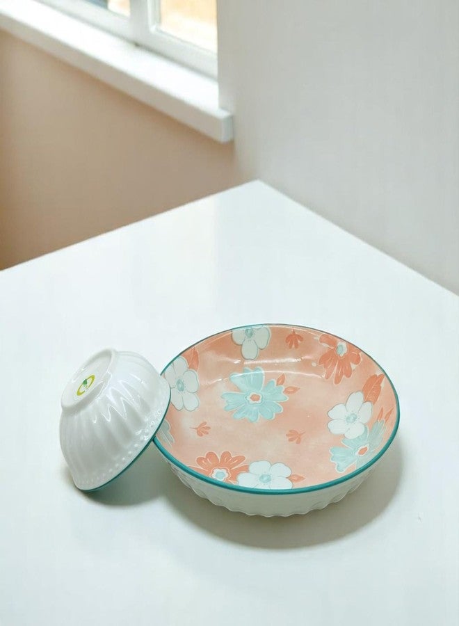 Lemon Tree Flower Print Ceramic Round Deep Salad/Pasta/Snack Serving Plate 20 cm with Bowl 9.5 cm for Serving Snacks (Pink) - Image 4