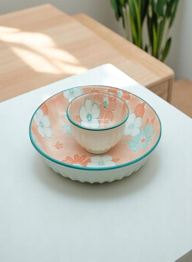 Lemon Tree Flower Print Ceramic Round Deep Salad/Pasta/Snack Serving Plate 20 cm with Bowl 9.5 cm for Serving Snacks (Pink) - Image 5