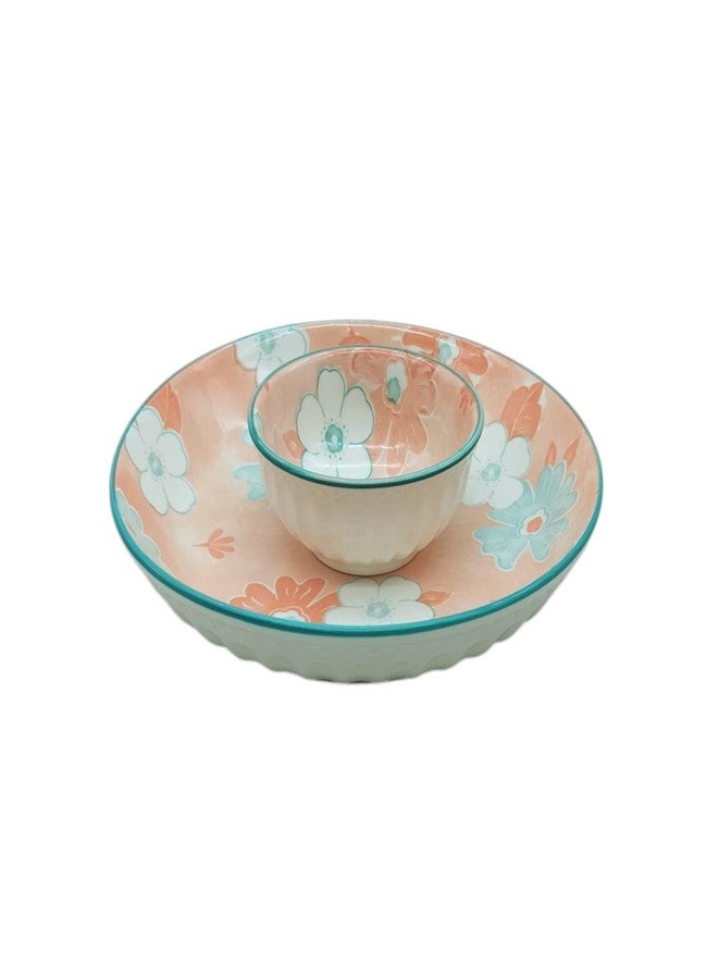 Lemon Tree Flower Print Ceramic Round Deep Salad/Pasta/Snack Serving Plate 20 cm with Bowl 9.5 cm for Serving Snacks (Pink) - Image 2