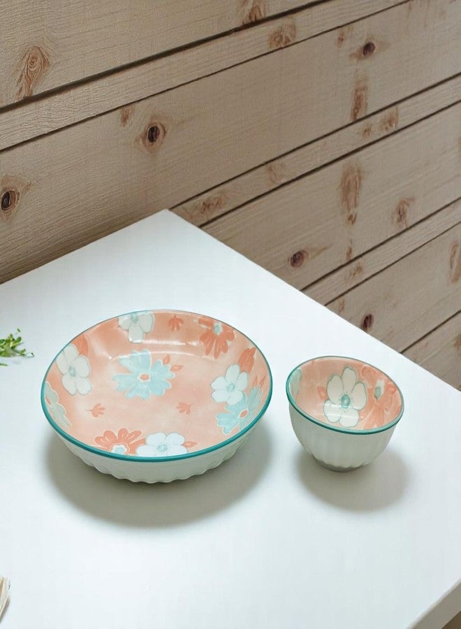 Lemon Tree Flower Print Ceramic Round Deep Salad/Pasta/Snack Serving Plate 20 cm with Bowl 9.5 cm for Serving Snacks (Pink) - Image 1