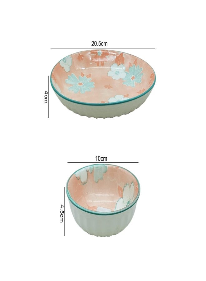 Lemon Tree Flower Print Ceramic Round Deep Salad/Pasta/Snack Serving Plate 20 cm with Bowl 9.5 cm for Serving Snacks (Pink) - Image 3