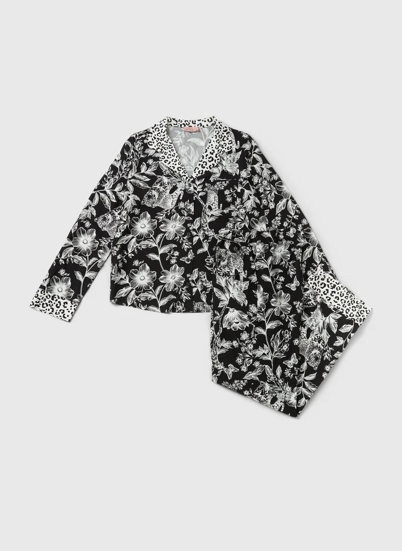 Matalan Black Black Floral Leopard Print Traditional Pyjama Set for Women | Best Price UAE