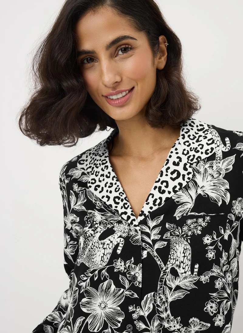 Matalan Black Floral Leopard Print Traditional Pyjama Set