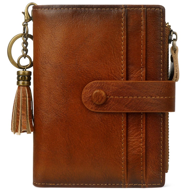 Blucoay Leather Wallet Women,RFID Blocking Small Wallets for Women Compact Bifold Slim Wallet Card Holder With Zipper Coin Pocket Brown - Image 1