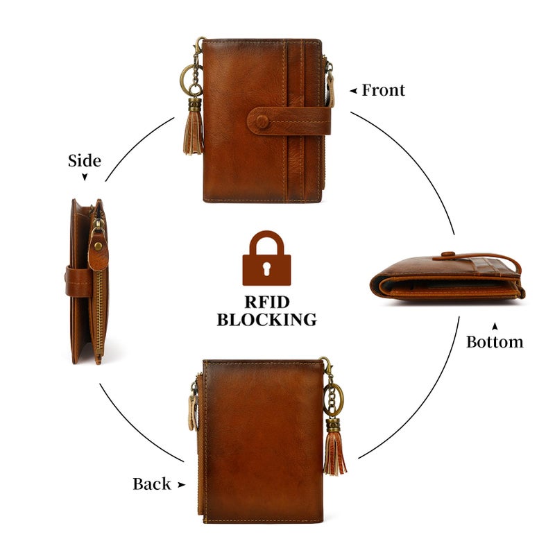 Blucoay Leather Wallet Women,RFID Blocking Small Wallets for Women Compact Bifold Slim Wallet Card Holder With Zipper Coin Pocket Brown - Image 5