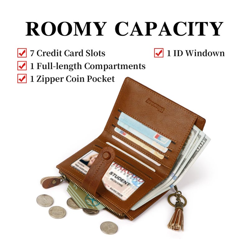 Blucoay Leather Wallet Women,RFID Blocking Small Wallets for Women Compact Bifold Slim Wallet Card Holder With Zipper Coin Pocket Brown - Image 3
