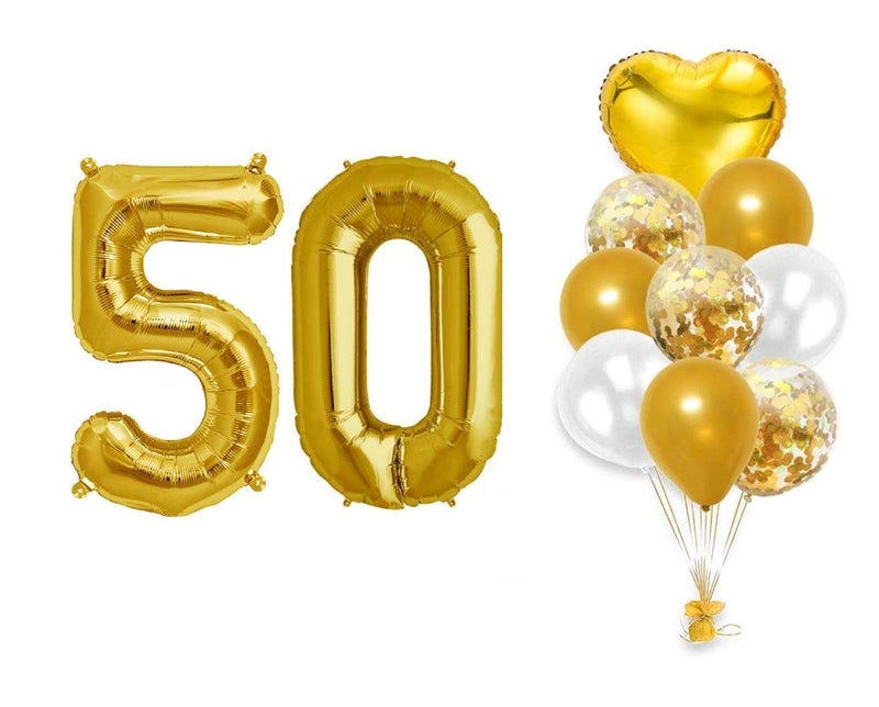 Balloonistics 50th Birthday/Anniversary Decorations Number Foil Balloon, 16 Inches and Confetti Latex Balloons Bouquet (Gold) - Image 1