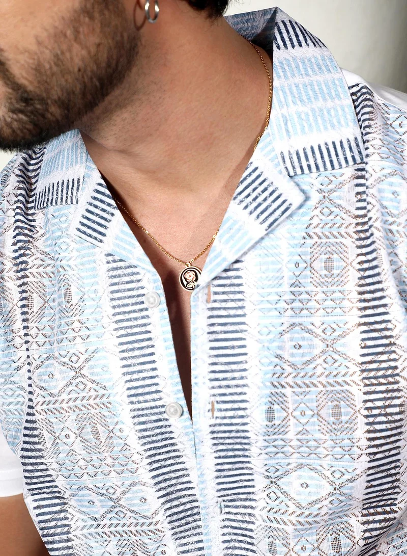 Campus Sutra Men's Sky Blue & Midnight Black Fish Eye Ethnic Shirt