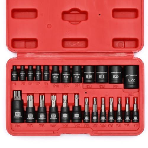 MIXPOWER 25 Piece Torx Bit and Socket Set, 13 Star Bits (T8- T60) & 12 E-Torx Sockets (E4-E22), Professional Grade Auto & Motorcycle Mechanic Set - Image 1