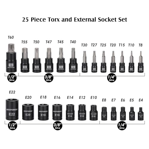 MIXPOWER 25 Piece Torx Bit and Socket Set, 13 Star Bits (T8- T60) & 12 E-Torx Sockets (E4-E22), Professional Grade Auto & Motorcycle Mechanic Set - Image 2