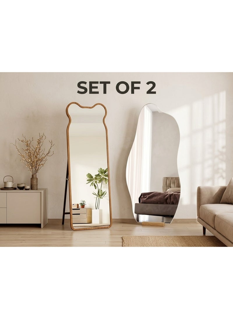 fashionhome Set of 2 Modern Full-Length Floor Mirrors, Irregular Wavy and Organic Designs, Natural Wood Frame and Frameless Options - Image 2