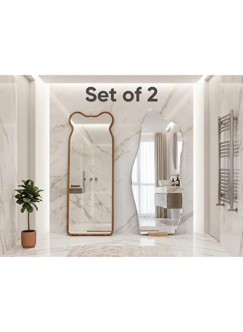 fashionhome Set of 2 Modern Full-Length Floor Mirrors, Irregular Wavy and Organic Designs, Natural Wood Frame and Frameless Options - Image 3