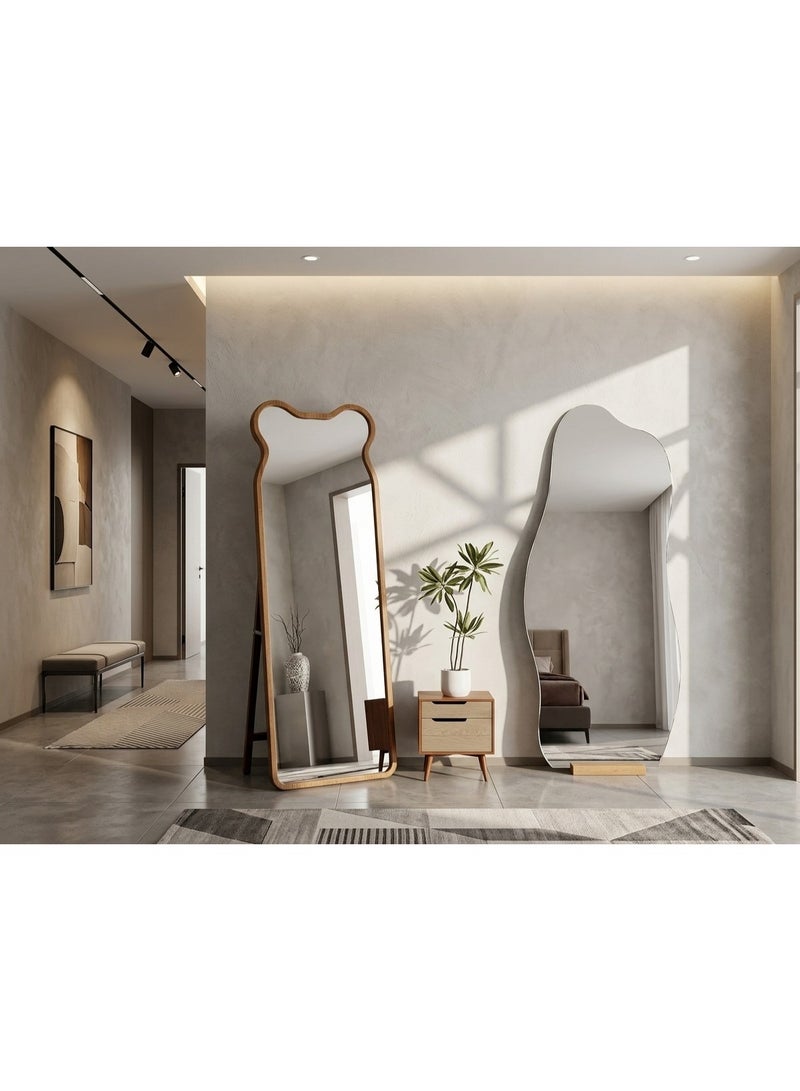 fashionhome Set of 2 Modern Full-Length Floor Mirrors, Irregular Wavy and Organic Designs, Natural Wood Frame and Frameless Options - Image 4