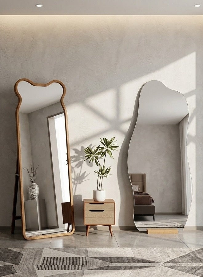 fashionhome Set of 2 Modern Full-Length Floor Mirrors, Irregular Wavy and Organic Designs, Natural Wood Frame and Frameless Options - Image 5