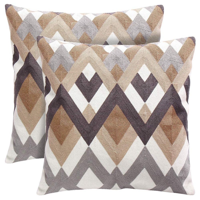 Oneslong Throw Pillow Covers for Couch Living Room 18x18 inches Set of 2 Full Embroidery Geometric Strip Pattern on Face Decorative Throw Couch Pillows for Bed