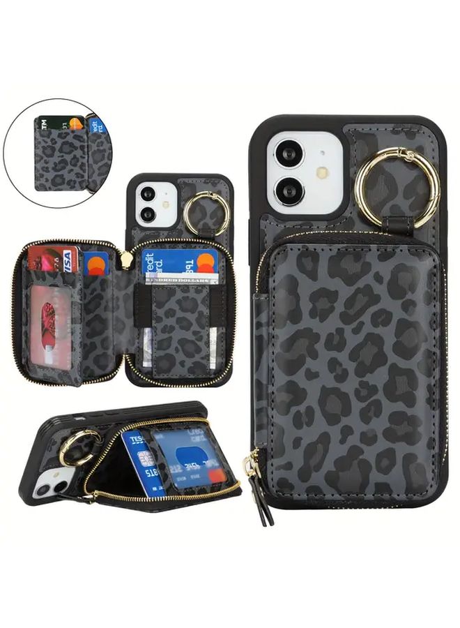 هاتف محفظة بتصميم نمر الرمادي الدامن متوافق مع آيفون 12، يحتوي على فتحة للبطاقات، وجيب بسحاب، وحلقة حامل - Image 1