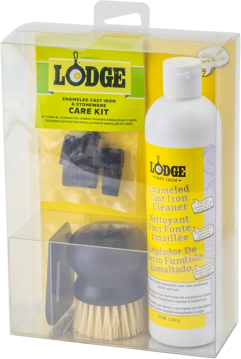 Lodge طقم العناية بالحديد الزهر المينا والسيراميك من لودج - يتضمن 11 أونصة من المنظف، مكشطة المقلاة السوداء، فرشاة فرك، عبوة من واقيات الأواني، وكتيب الاستخدام والعناية - مجموعة من 5 قطع - Image 3