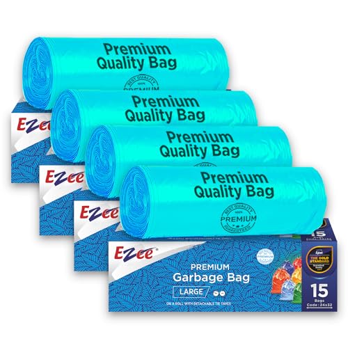 Ezee Blue Garbage Bags Large 60 Pcs | 15 Pcs x Pack of 4 Rolls | 24 x 32 Inch | Dustbin Bags/Trash Bags/Dustbin Covers for Wet and Dry Waste - Image 1