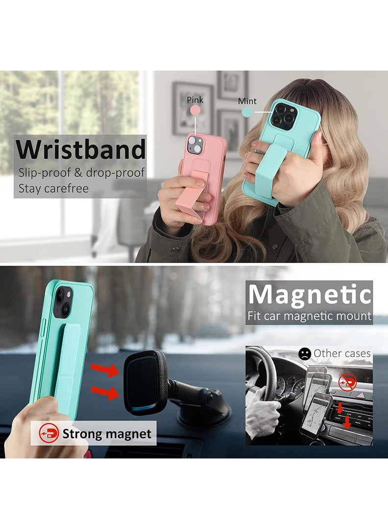 Case Up Compatible with Apple iPhone 14 Plus Case with Magnetic Stand & Holder, Premium Silicone Finger Grip Strap Holder Case Car Mount Kickstand Cover- Mint Green - Image 3