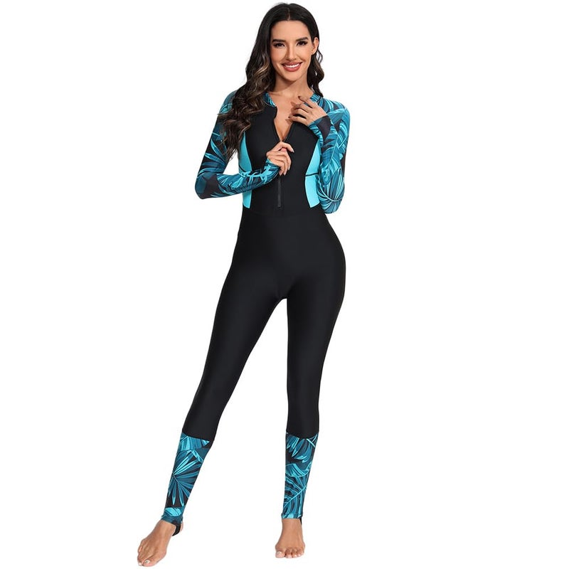 ODIZLI Womens Swimming Suit Long Sleeve Rash Guard Wetsuit Full Body Swimsuit Wet Suits for Women in Cold Water Surfing Womens Bathing Suit for Snorkeling Water Sports Black Cyan L - Image 2