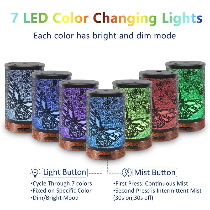 EQUSUPRO Essential Oil Diffuser 150ml Metal Aromatherapy Oil Diffuser Ultrasonic Cool Mist Diffuser with Auto Shut-Off Protection,7 Colors Changed LED for Home Office SPA Yoga (Butterfly) - Image 2