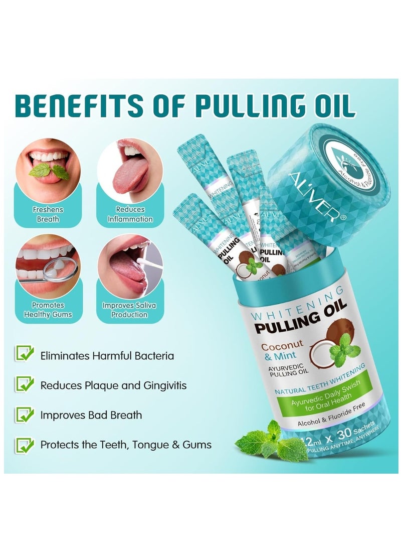 ALIVER - Natural Coconut Oil Pulling Mouthwash Sachets 30 Pieces 12ml Each Teeth Whitening & Reducing Bad Breath Coconut Pulling Oil for Oral Health Reduce Bad Mouth Odor Cavity & Gums Sensitivity Unisex - Image 1