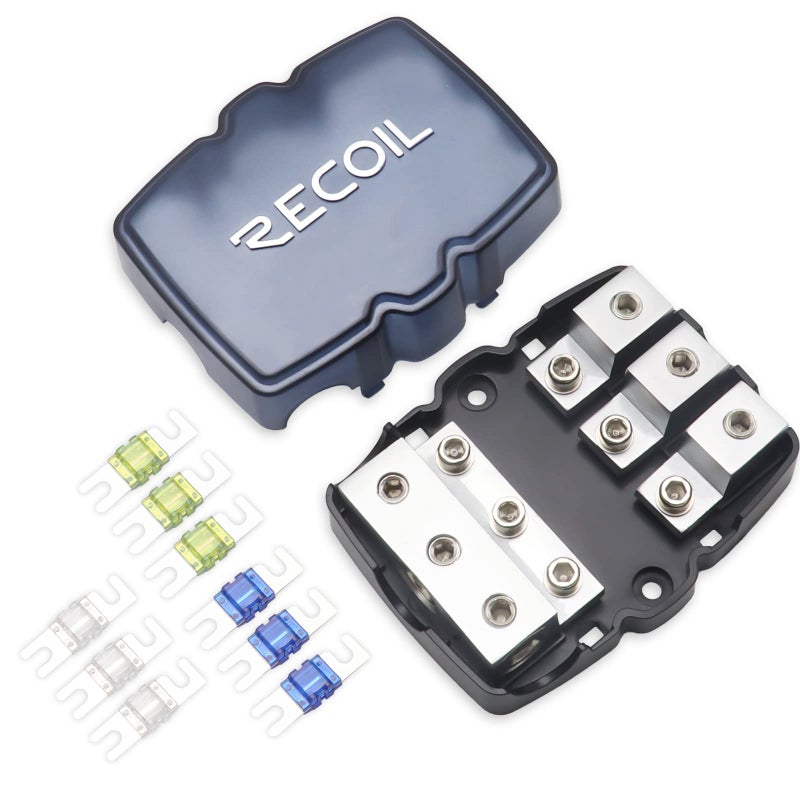 Recoil MFH13 3-Way Mini-ANL Fused Distribution Block, 3 X 0/2/4 Gauge in / 3 X 4/8 Gauge Out Fused Distribution Block with 60A, 80A, 100A Fuses, Solid Brass for Maximum Power Transfer - Image 1